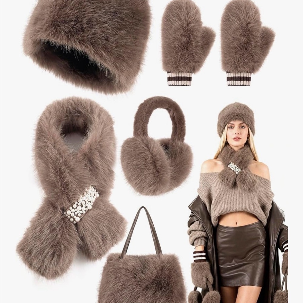 Elegant Brown Faux Fur Accessory Set